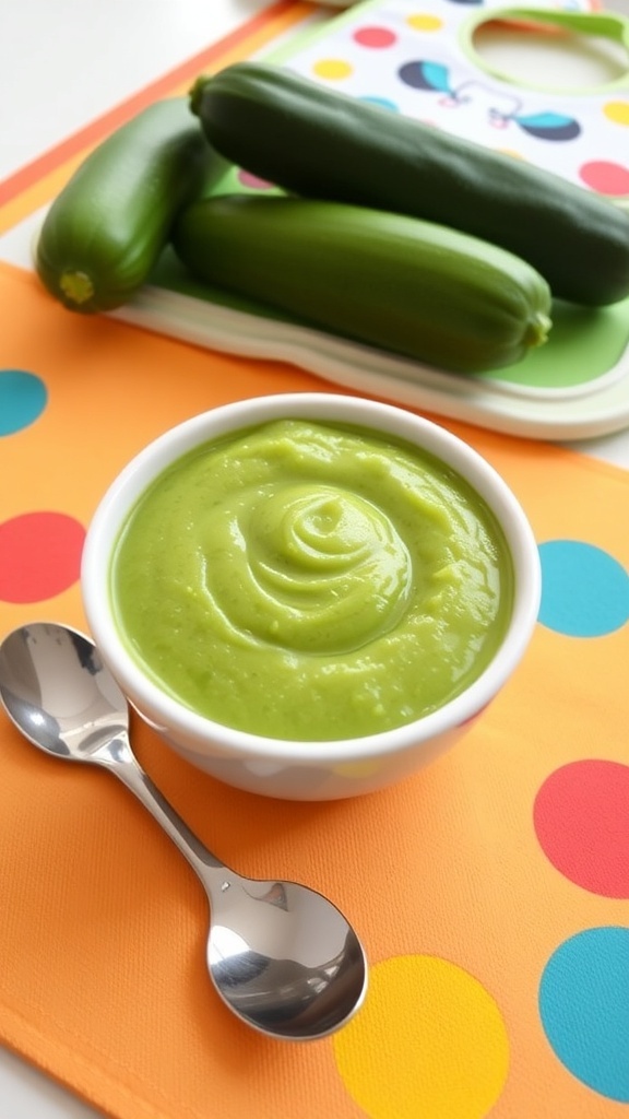 A bowl of green zucchini puree for baby-led weaning with fresh zucchinis in the background.